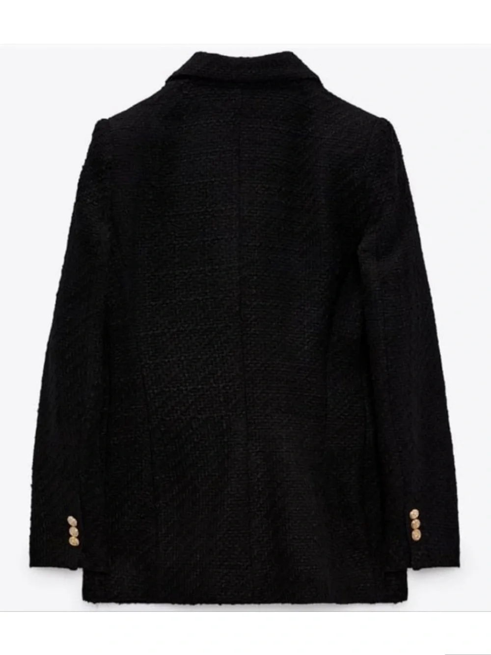 ZARA Tweed Textured Weave Double Breasted Blazer Black Gold Buttons Size Small